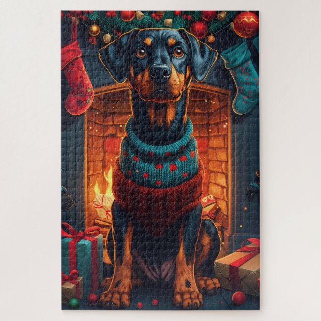 Doberman Dog With Christmas Gifts Fireplace Jigsaw Puzzle (Vertical)