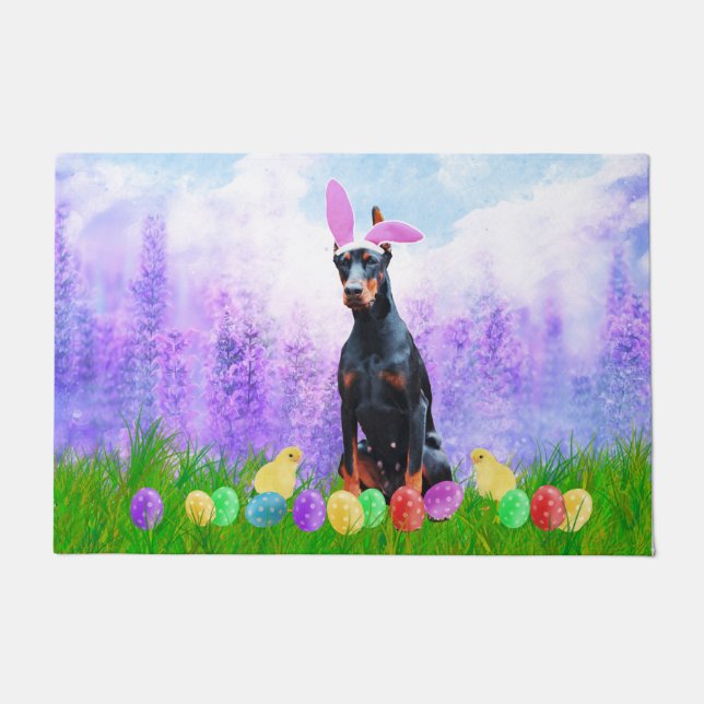 Doberman Dog with Easter Eggs Bunny Chicks Doormat (Front)