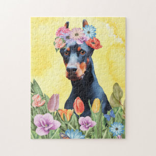 Doberman Dog with Flowers Spring Jigsaw Puzzle