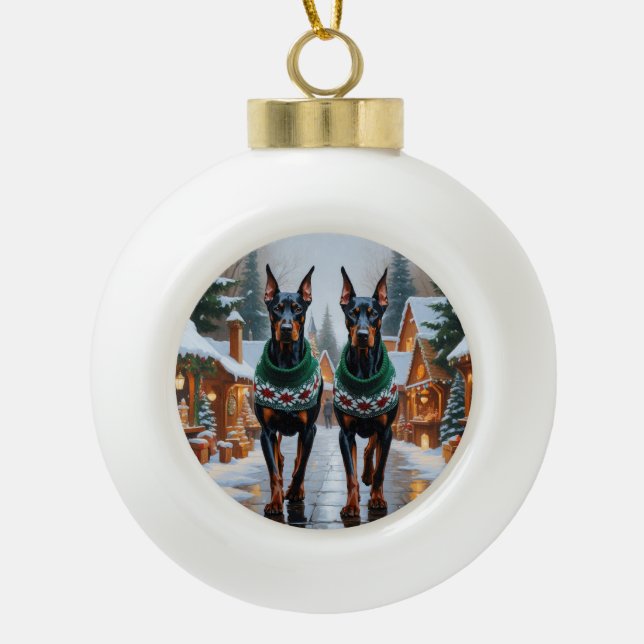 Doberman Dogs Christmas Snow Holiday  Ceramic Ball Christmas Ornament (Front)
