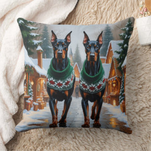 Doberman Dogs Christmas Snow Holiday  Cushion
