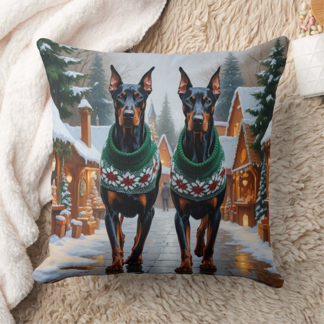 Doberman Dogs Christmas Snow Holiday  Cushion (Blanket)