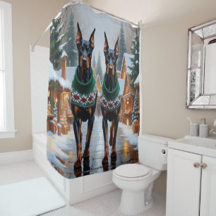 Doberman Dogs Christmas Snow Holiday Shower Curtain