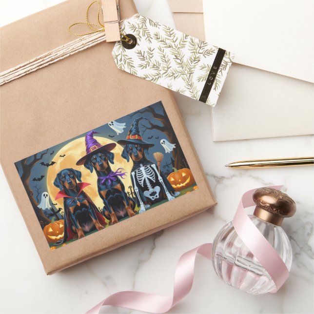 Doberman Dogs Pumpkin Halloween Funny Rectangular Sticker (Gifting)