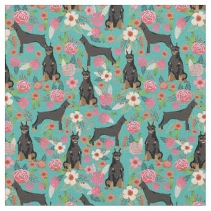 Doberman dogs vintage florals turquoise fabric