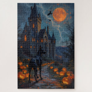 Doberman Gothic Castle Halloween Artwork Jigsaw Puzzle