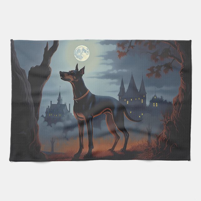 Doberman Halloween Scary Tea Towel (Horizontal)