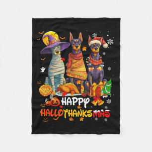 Doberman Happy Hallothanksmas Dog Lover Christmas Fleece Blanket