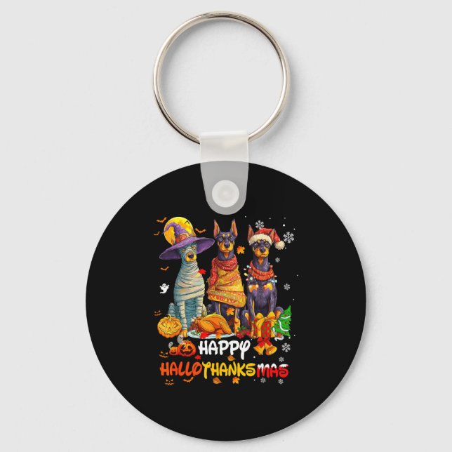 Doberman Happy Hallothanksmas Dog Lover Christmas  Key Ring (Front)