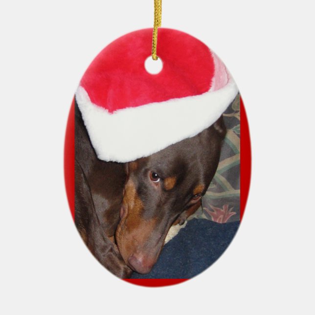 Doberman (Hero) in Santa Hat Ceramic Tree Decoration (Front)