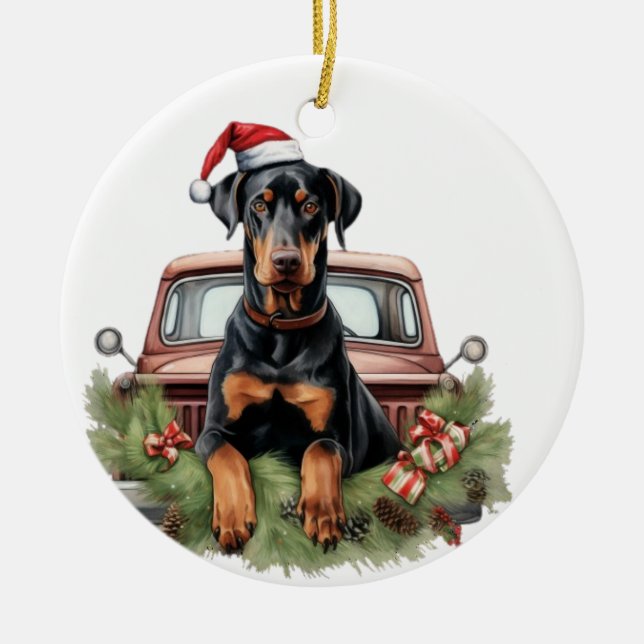 Doberman Holi Ceramic Tree Decoration (Front)