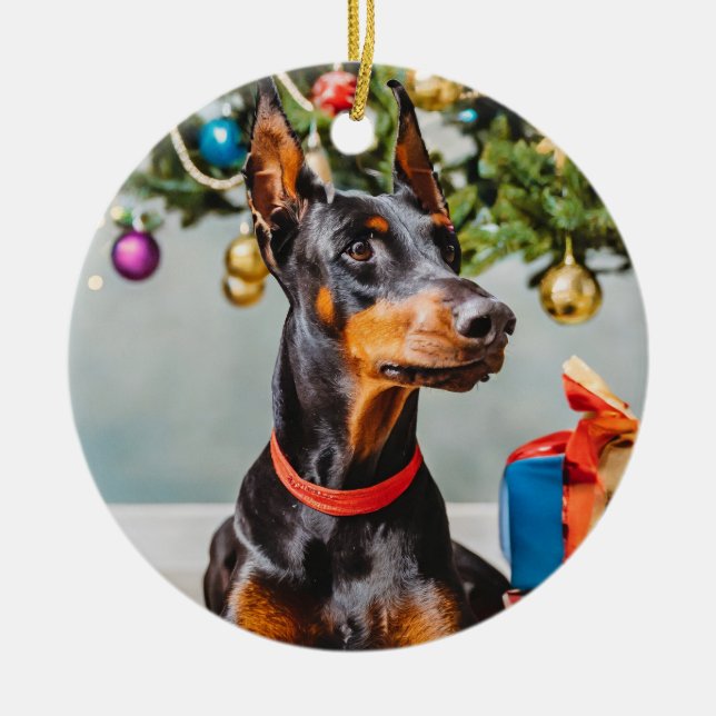 Doberman Holiday Ornment Ceramic Tree Decoration (Front)