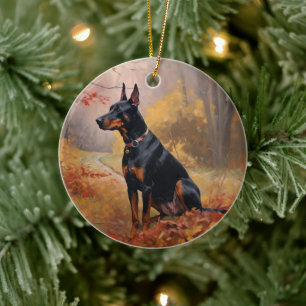 Doberman in Autumn Leaves Fall Inspire  Ceramic Tree Decoration