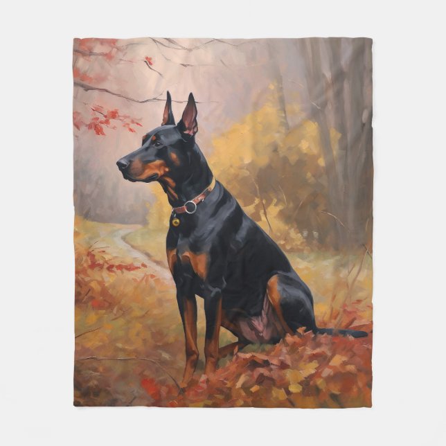 Doberman in Autumn Leaves Fall Inspire  Fleece Blanket (Front)