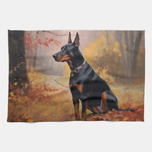 Doberman in Autumn Leaves Fall Inspire Tea Towel