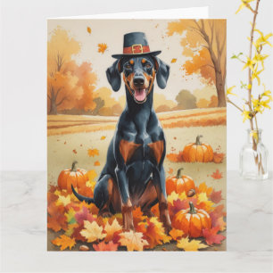 Doberman In Autumn Leaves Thanksgiving Art Card