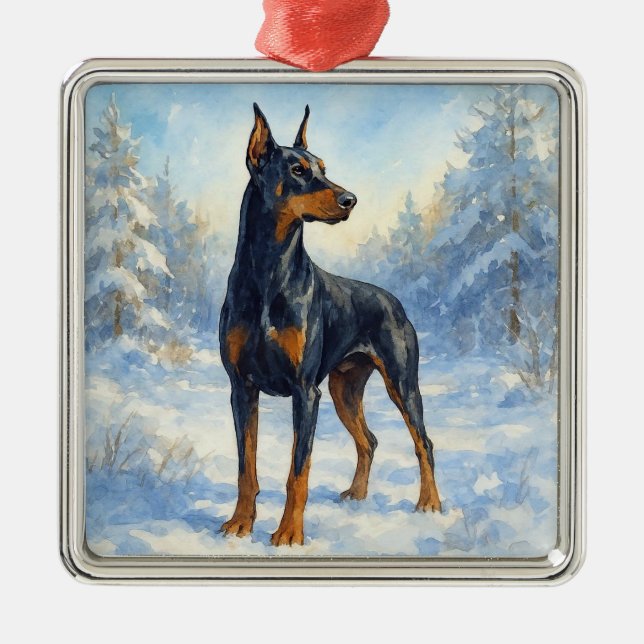 Doberman in Winter Snow Metal Tree Decoration (Front)