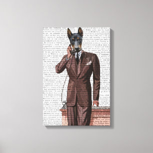 Doberman on Phone Canvas Print