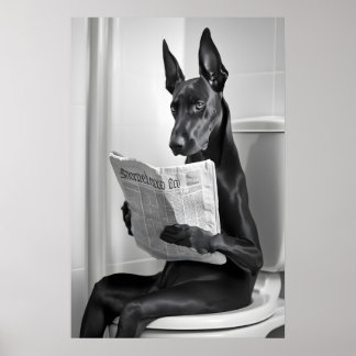 Doberman on Toilet, Newspaper, Funny Bathroom Art Poster