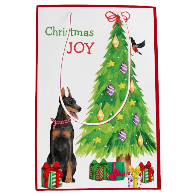 Doberman Pinscher, Bird, and Christmas Tree Medium Gift Bag (Front)