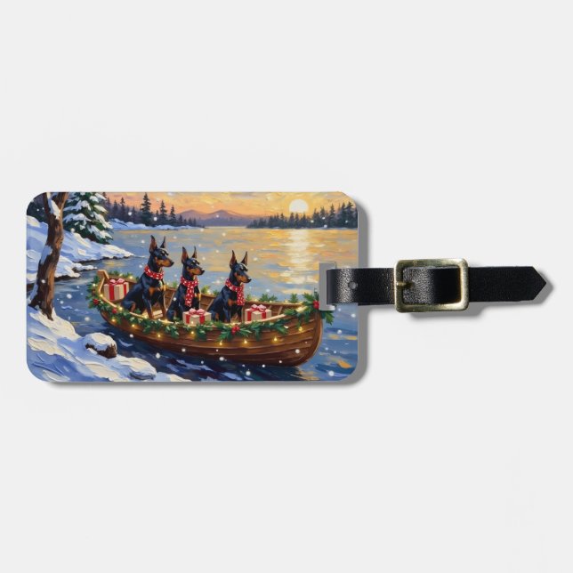 Doberman Pinscher Christmas Boat Holiday Luggage Tag (Front Horizontal)