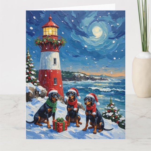 Doberman Pinscher Christmas Lighthouse Holiday Card (Front)