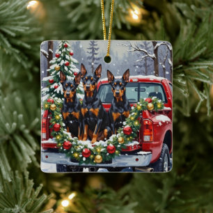 Doberman Pinscher Christmas Red Truck Holiday Ceramic Ornament