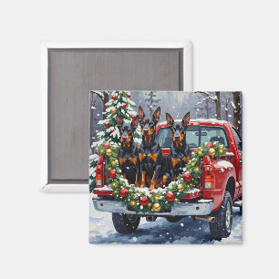 Doberman Pinscher Christmas Red Truck Holiday Magnet