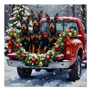 Doberman Pinscher Christmas Red Truck Holiday Poster