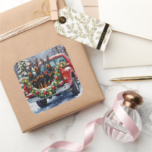 Doberman Pinscher Christmas Red Truck Holiday Square Sticker