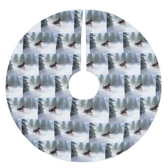 Doberman Pinscher Christmas snow winter Brushed Polyester Tree Skirt (Front)