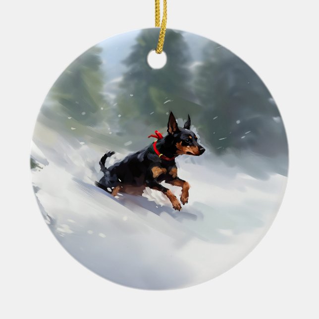 Doberman Pinscher Christmas snow winter Ceramic Tree Decoration (Front)