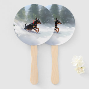 Doberman Pinscher Christmas snow winter Hand Fan