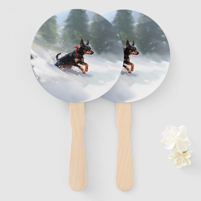 Doberman Pinscher Christmas snow winter Hand Fan (Front and Back)