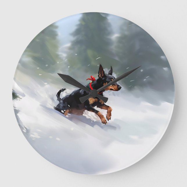 Doberman Pinscher Christmas snow winter Large Clock (Front)