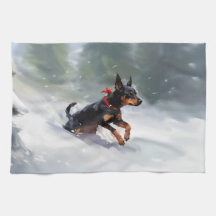 Doberman Pinscher Christmas snow winter Tea Towel