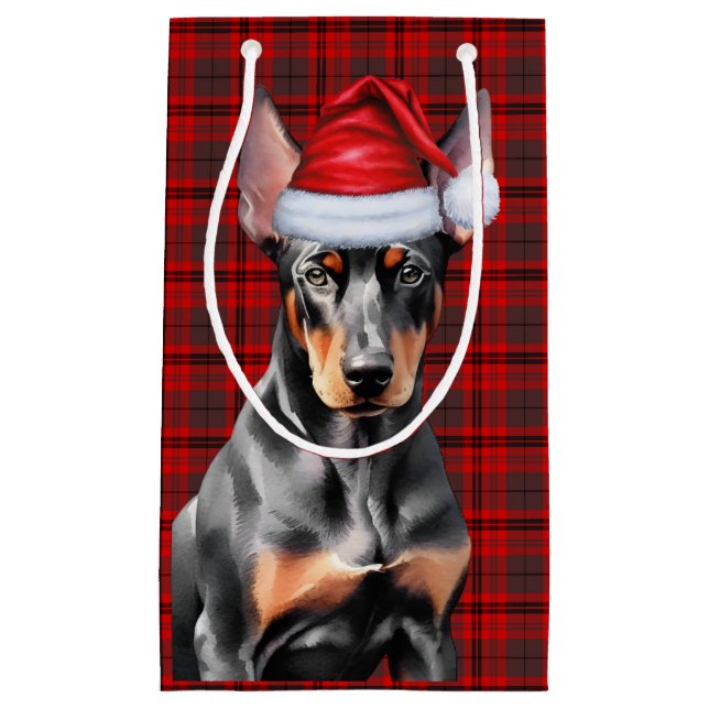 Doberman Pinscher Dog and Red Christmas Plaid Small Gift Bag (Front)