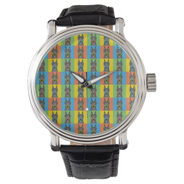 Doberman Pinscher Dog Cartoon Pop-Art Watch (Front)