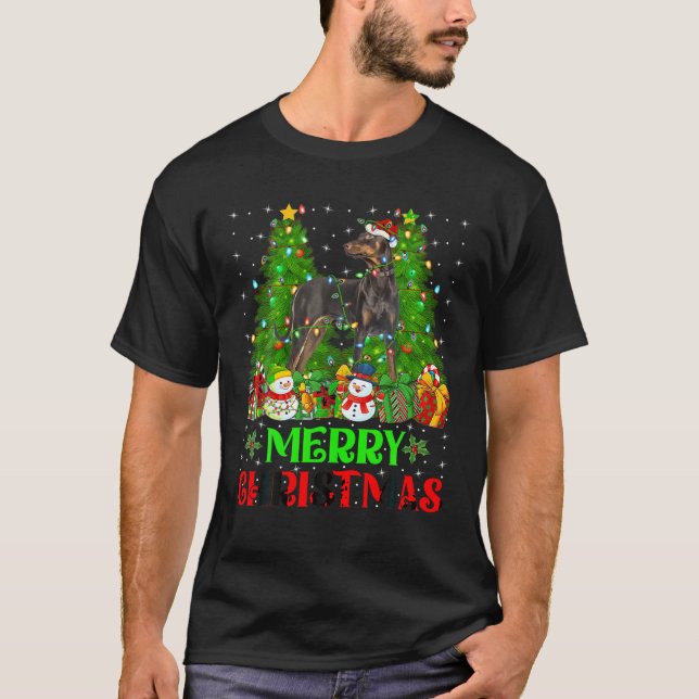 Doberman Pinscher Dog Christmas Tree Lights Holida T-Shirt (Front)