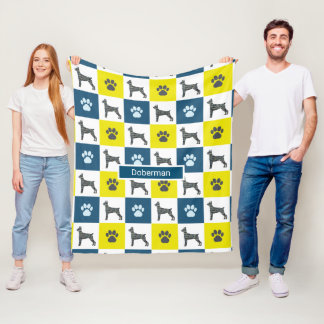 Doberman Pinscher Dog & Paw Print Yellow Grid Fleece Blanket