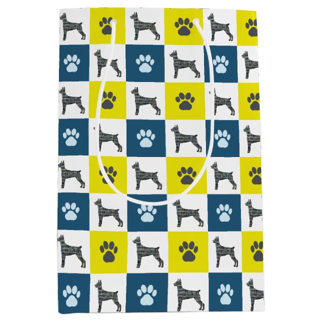 Doberman Pinscher Dog & Paw Print Yellow Grid Medium Gift Bag (Front)