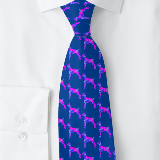 Doberman Pinscher Dog PinkBlue Silhouette Blue Tie (Doberman dog silhouette blue and pink pattern on blue tie)