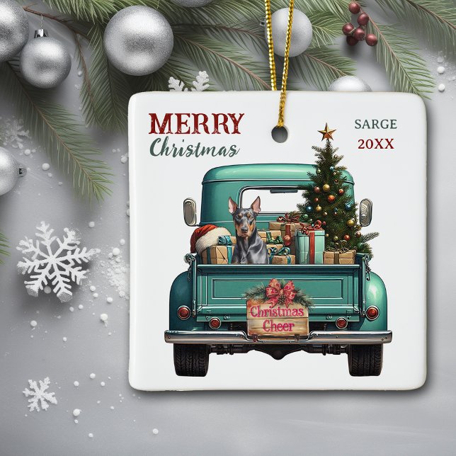 Doberman Pinscher Dog Retro Truck Christmas Ceramic Ornament (Creator Uploaded)