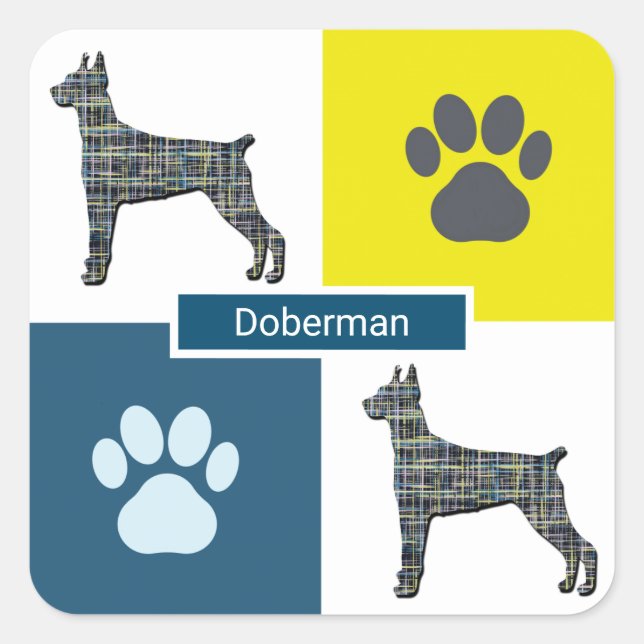 Doberman Pinscher Dog Silhouette & Paw Y&B Grid Square Sticker (Front)