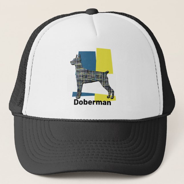 Doberman Pinscher Dog Silhouette Tricolour Grid Trucker Hat (Front)