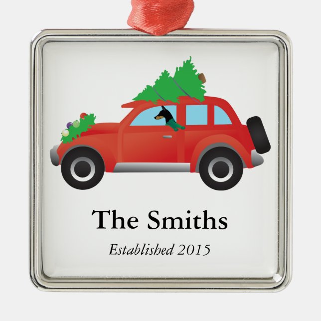 Doberman Pinscher driving car w/ Christmas tree Metal Tree Decoration (Front)