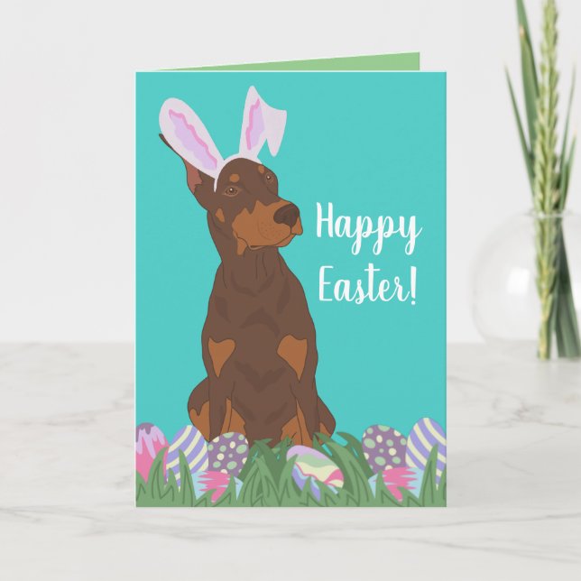 Doberman Pinscher Easter Bunny Holiday Card (Front)