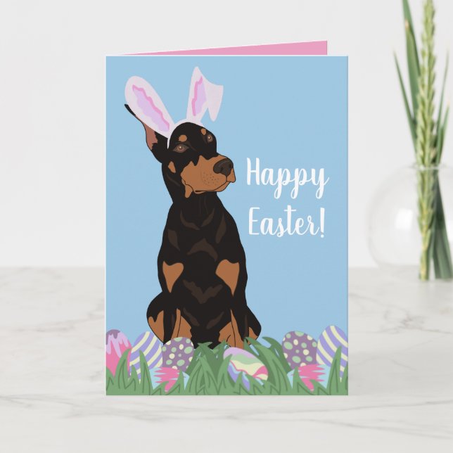 Doberman Pinscher Easter Bunny Holiday Card (Front)