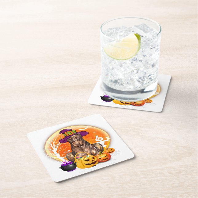 Doberman Pinscher Halloween Party Square Paper Coaster (Insitu)