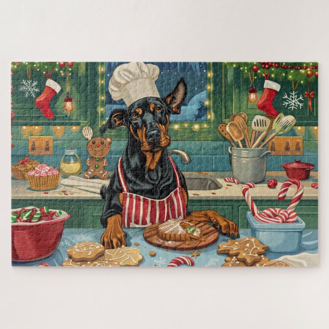 Doberman Pinscher Holiday Baking Festive Christmas Jigsaw Puzzle (Horizontal)